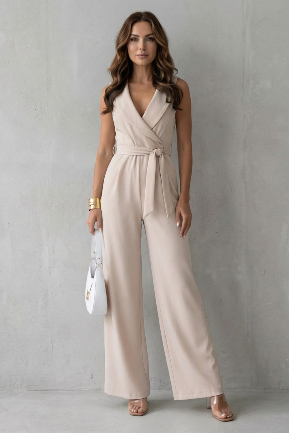 Women's Tailored Wrap Jumpsuit V-Neck Sleeveless Belted Wide Leg