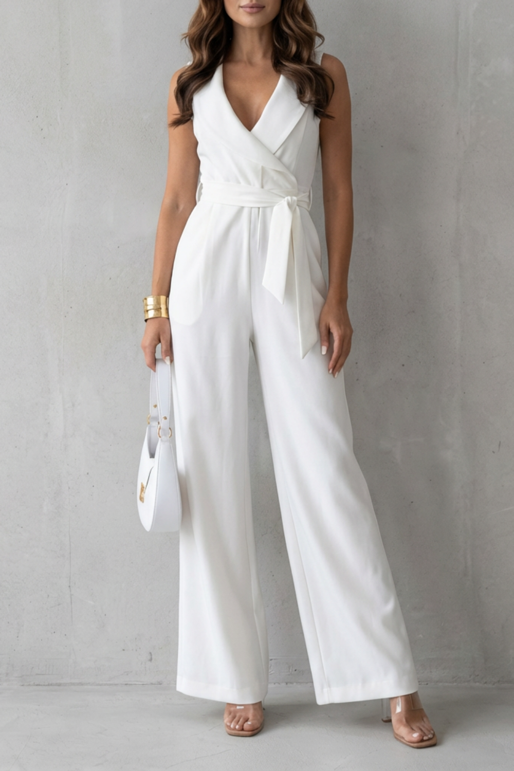 Women's Tailored Wrap Jumpsuit V-Neck Sleeveless Belted Wide Leg