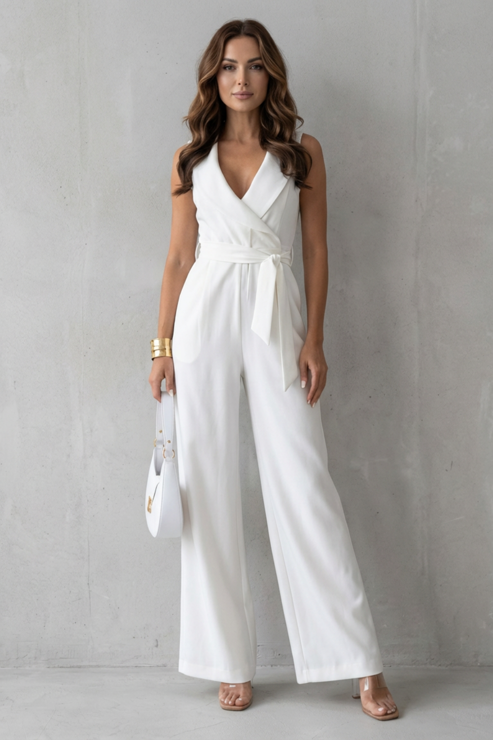 Women's Tailored Wrap Jumpsuit V-Neck Sleeveless Belted Wide Leg