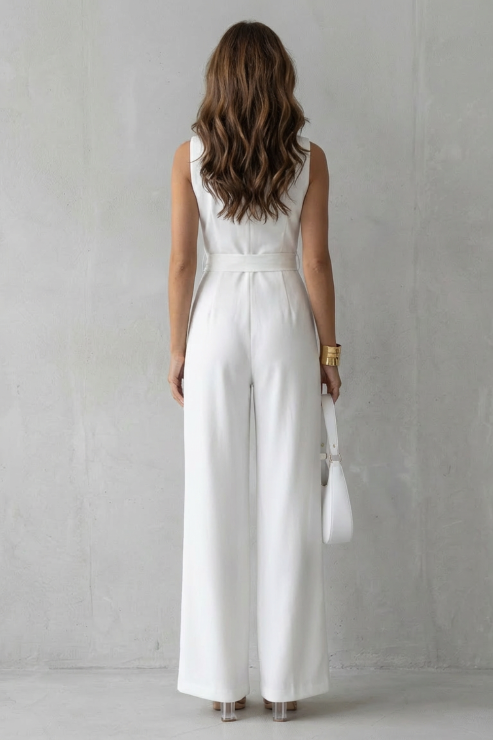Women's Wide Leg Jumpsuit Sleeveless V-Neck Lapel Belted Wrap Waist Tailored