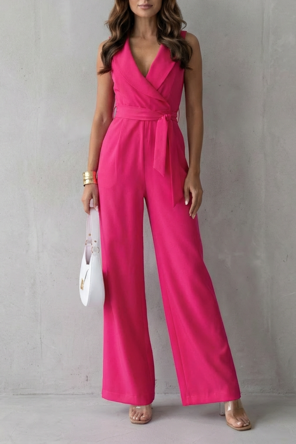 Women's Tailored Wrap Jumpsuit V-Neck Sleeveless Belted Wide Leg