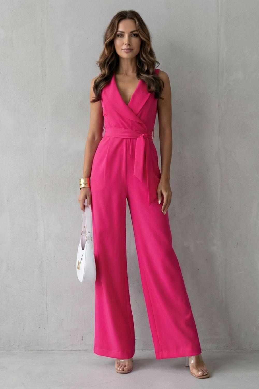 Women's Tailored Wrap Jumpsuit V-Neck Sleeveless Belted Wide Leg