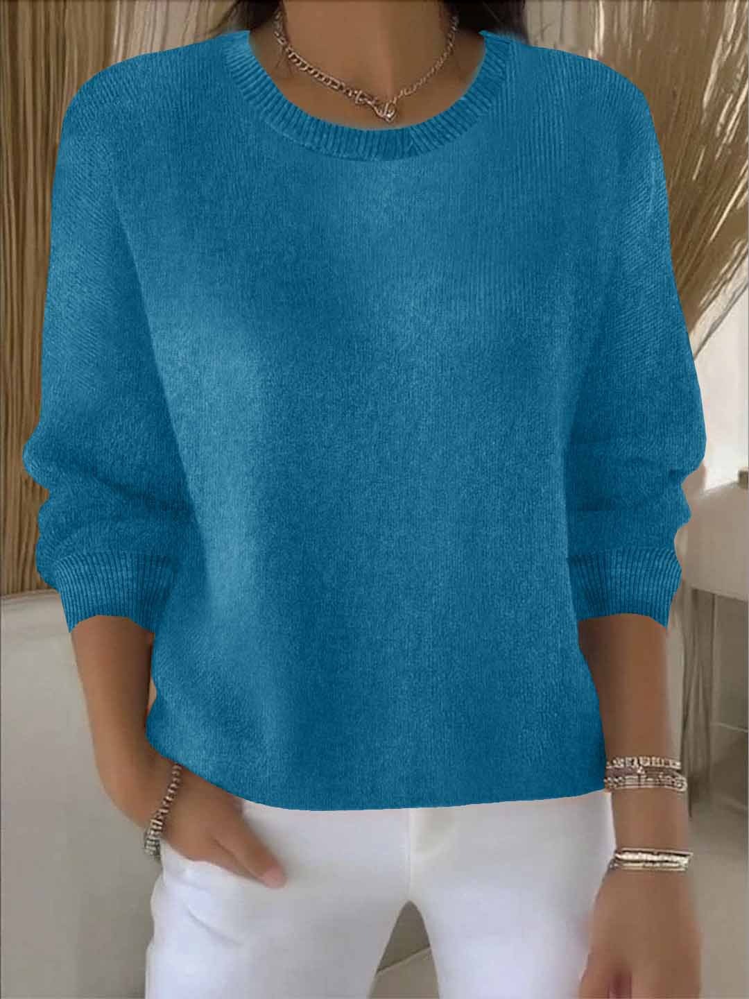 Women's Crew Neck Pullover Sweater Solid Long Sleeve Knit Casual