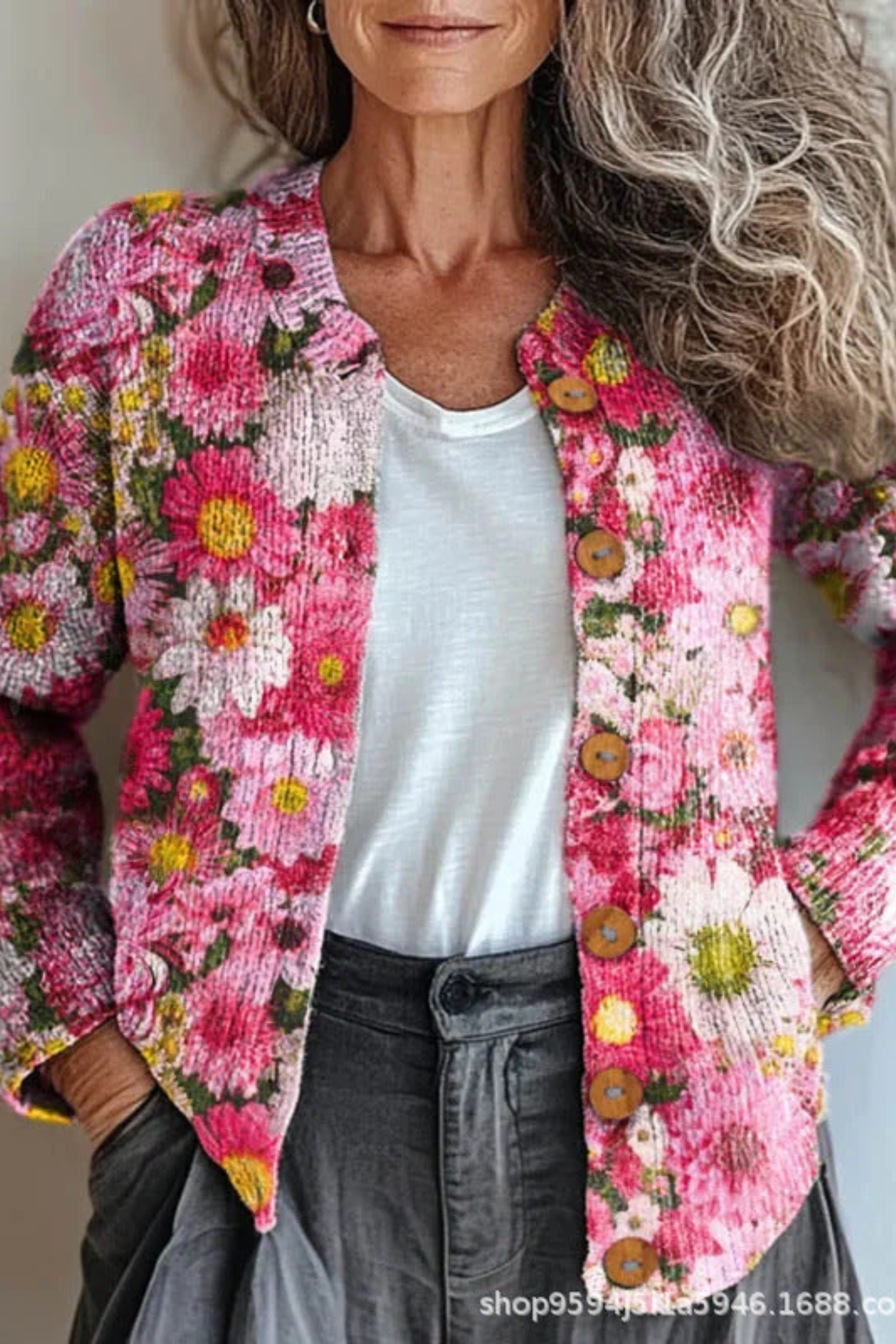 Women's Floral Patchwork Knit Cardigan Long Sleeve Button-Front Casual