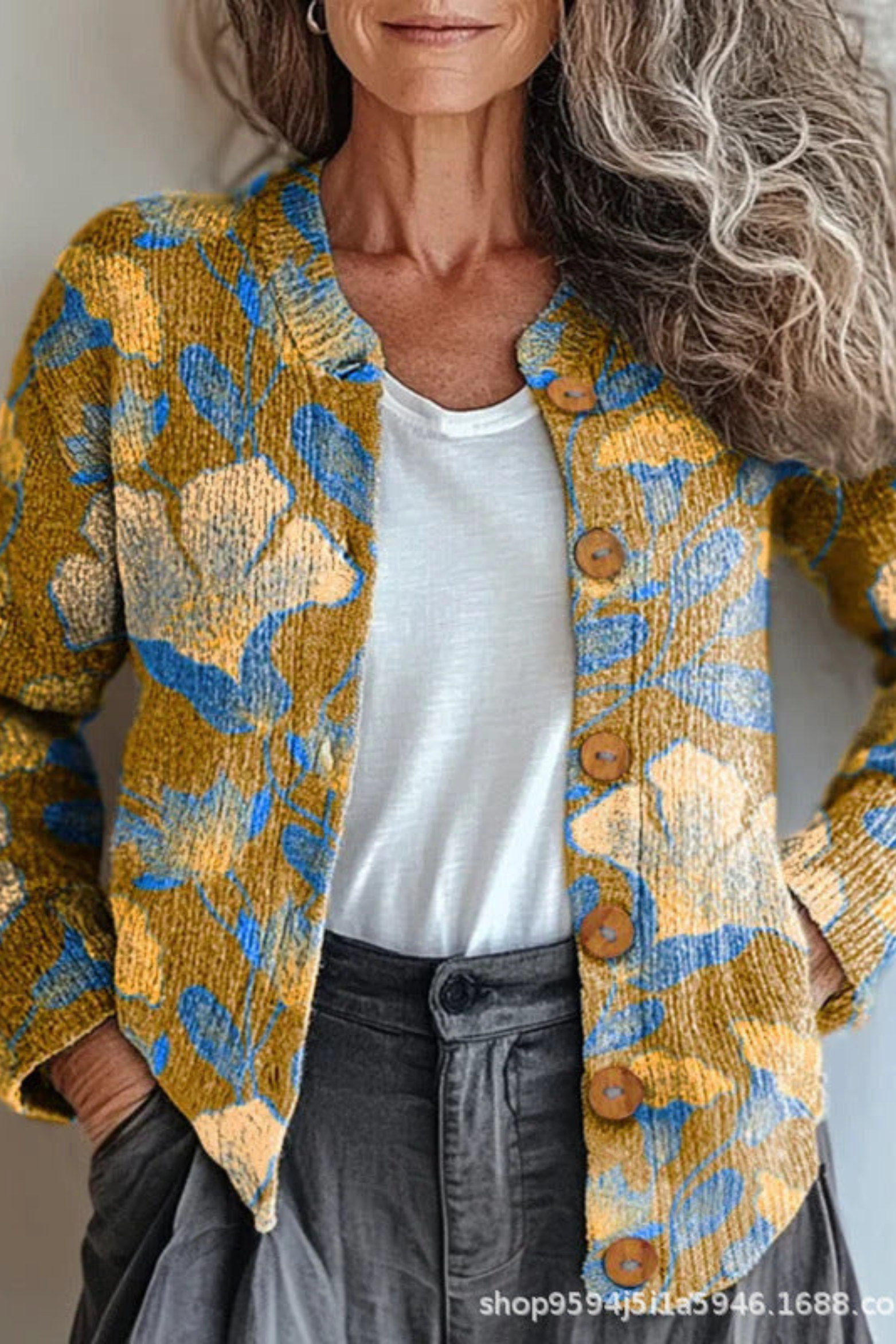 Women's Floral Patchwork Knit Cardigan Long Sleeve Button-Front Casual