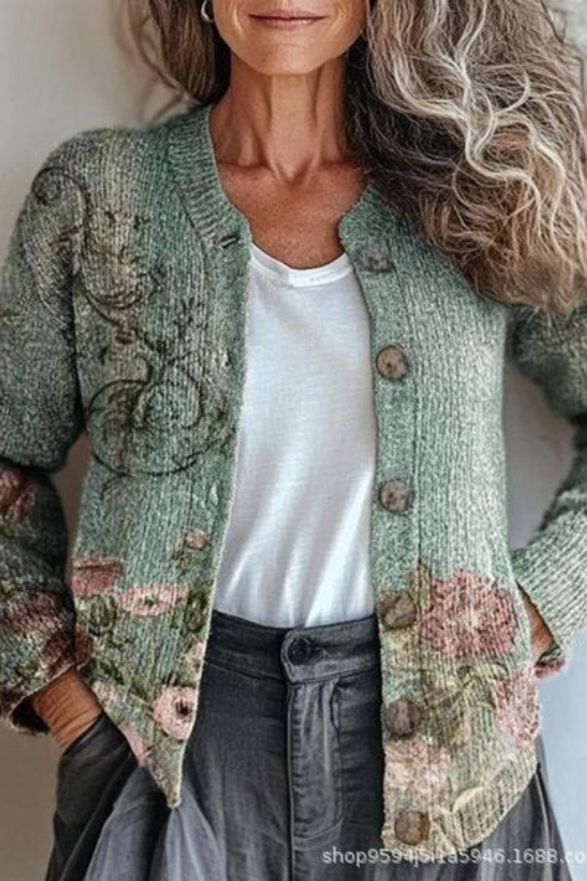 Women's Floral Patchwork Knit Cardigan Long Sleeve Button-Front Casual