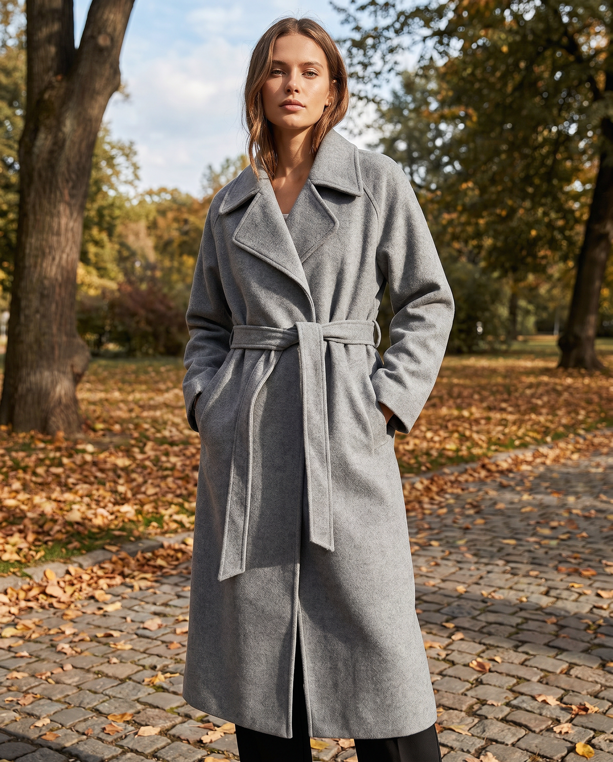 Women's Belted Wool-Blend Overcoat – Long Notch Lapel Tie-Waist Winter Coat
