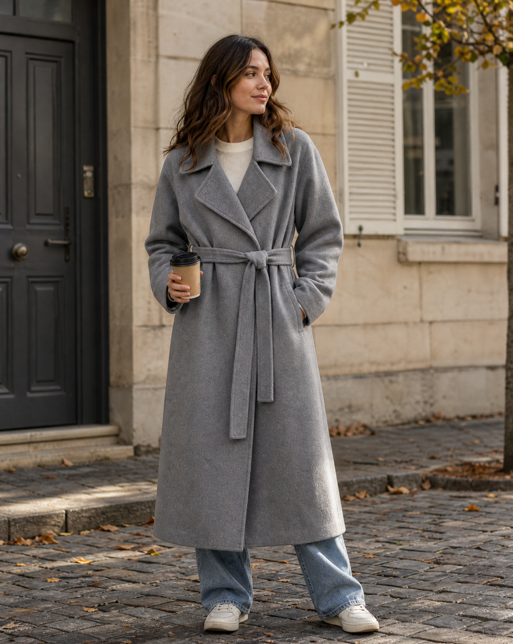 Women's Belted Wool-Blend Overcoat – Long Notch Lapel Tie-Waist Winter Coat