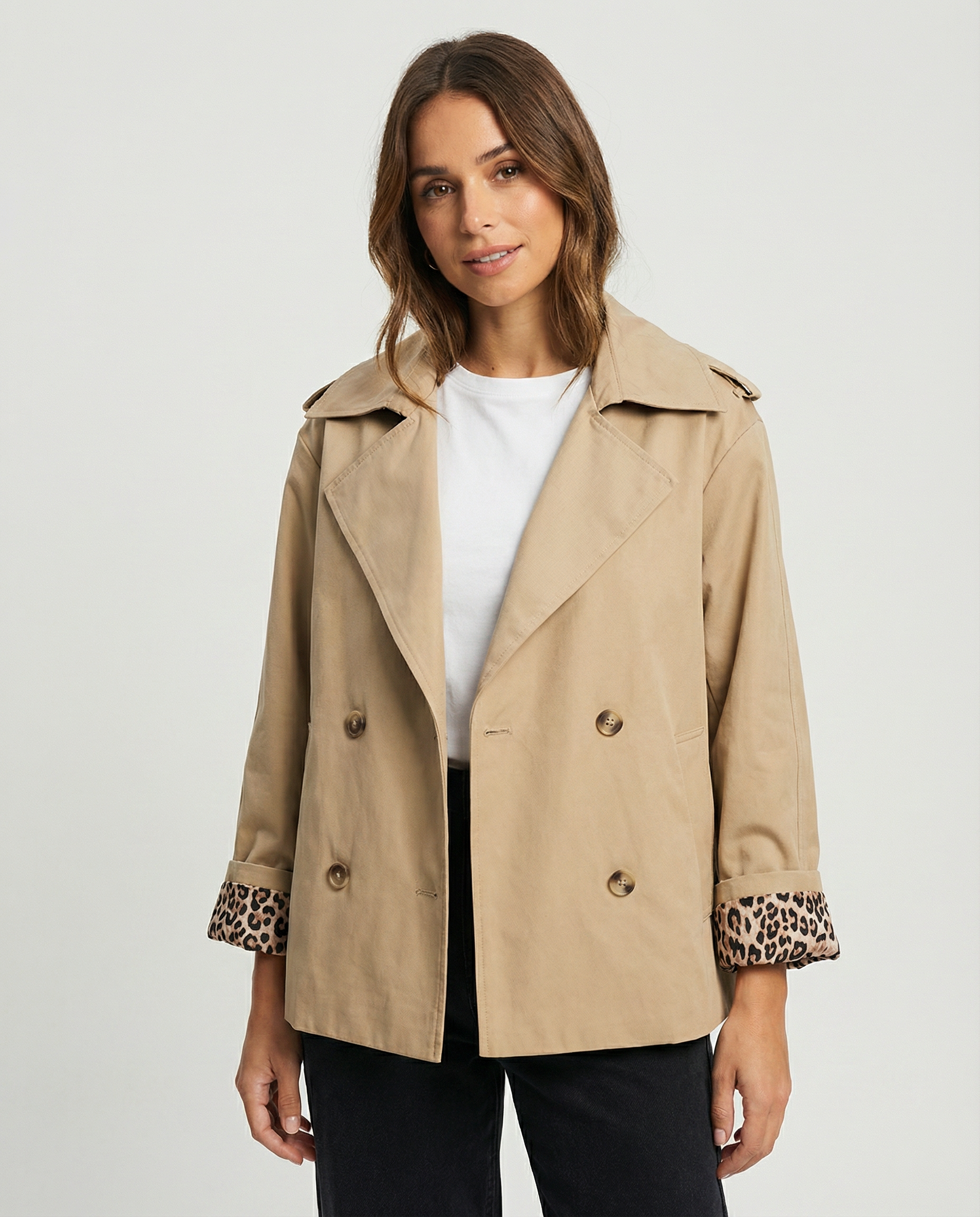 Women's Trench Coat Double-Breasted Leopard Print Cuff Short Casual Jacket