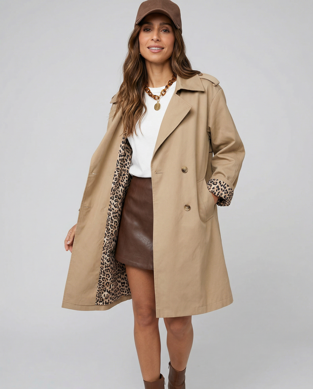 Women's Trench Coat Double-Breasted Leopard Print Cuff Short Casual Jacket
