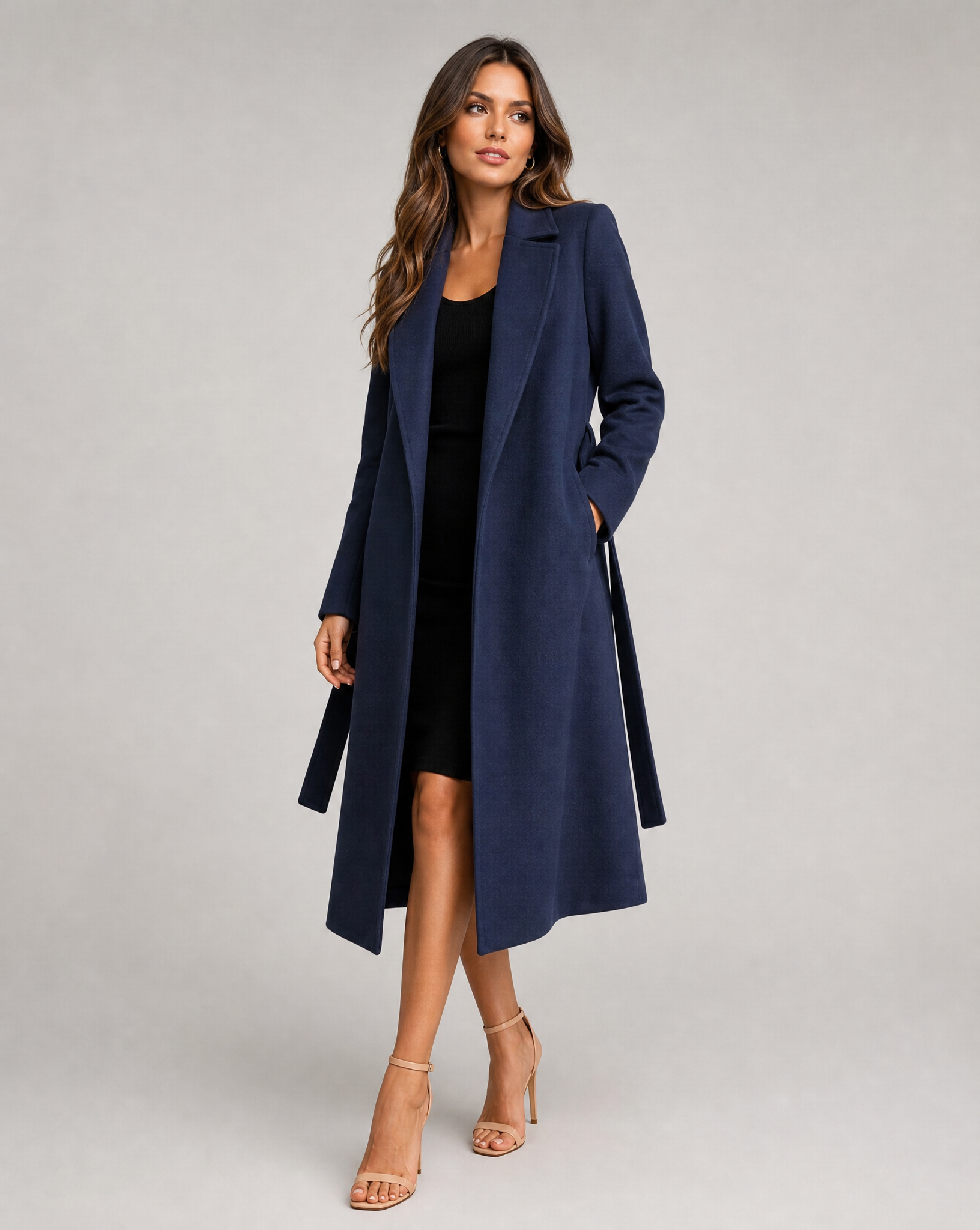 Women's Long Belted Trench Coat Lapel Long-Sleeve Wool-Blend Winter Overcoat