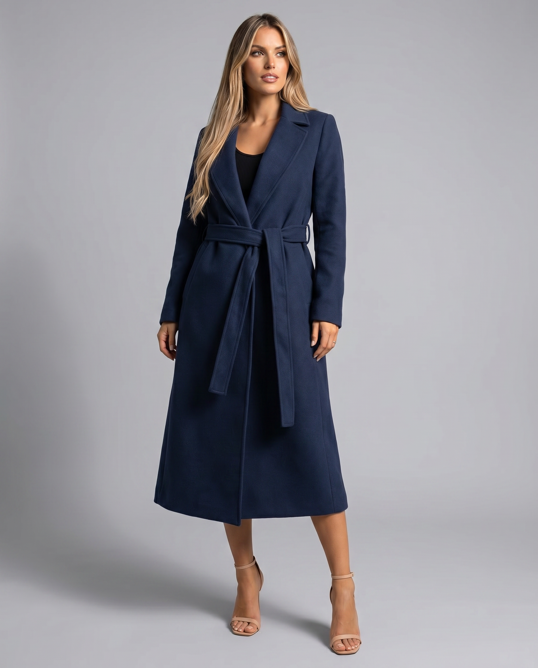 Women's Long Belted Trench Coat Lapel Long-Sleeve Wool-Blend Winter Overcoat