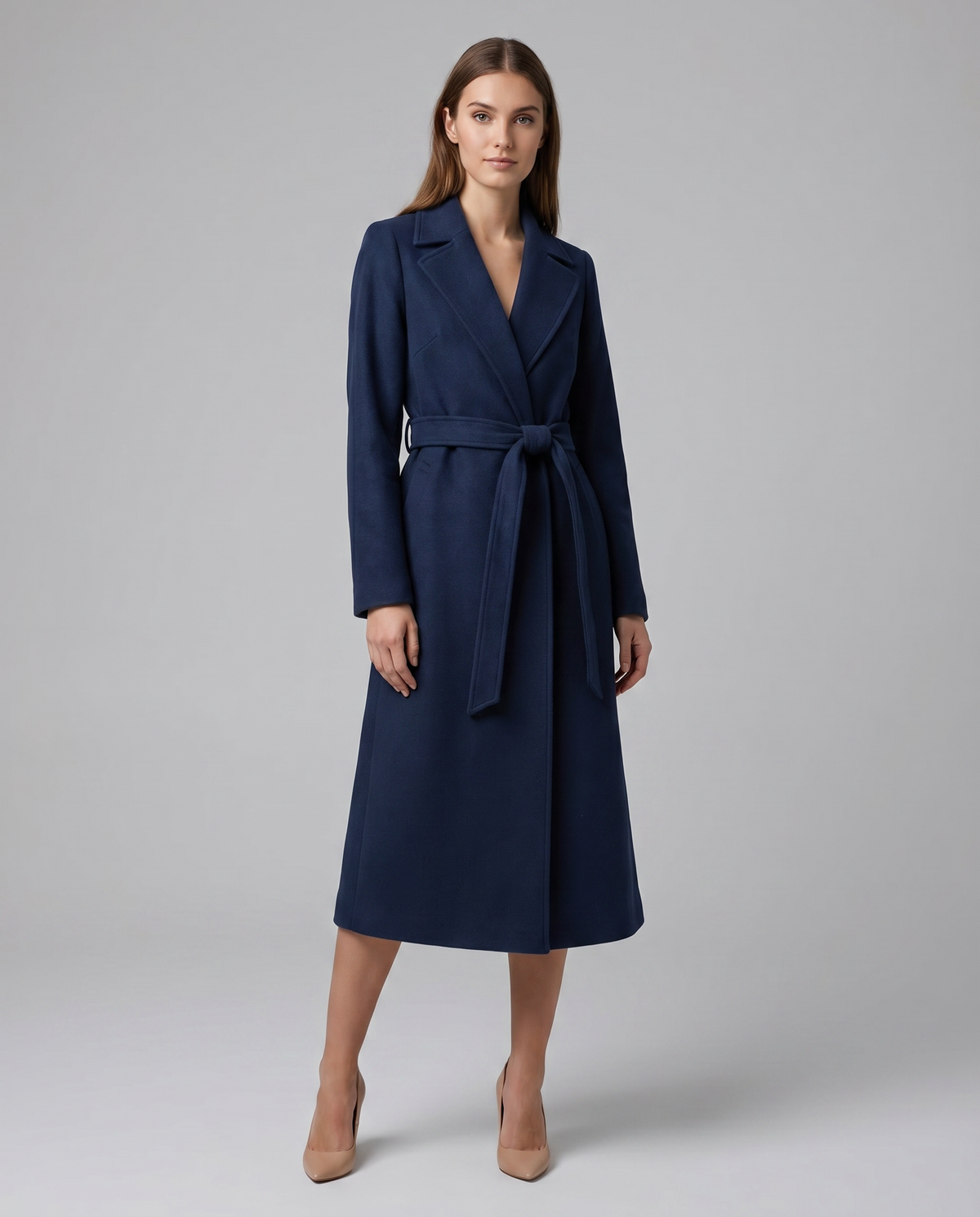Women's Long Belted Trench Coat Lapel Long-Sleeve Wool-Blend Winter Overcoat