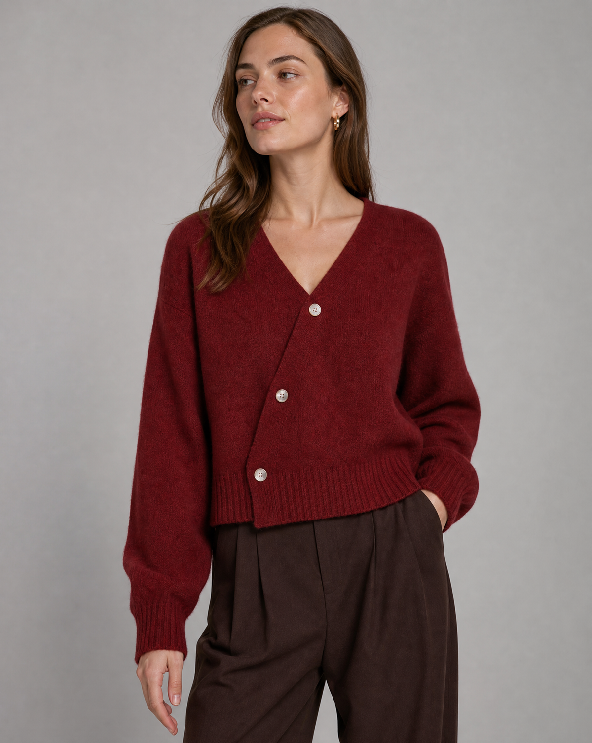 Women's Cross Button Cardigan V-Neck Long Sleeve Wool Blend Sweater