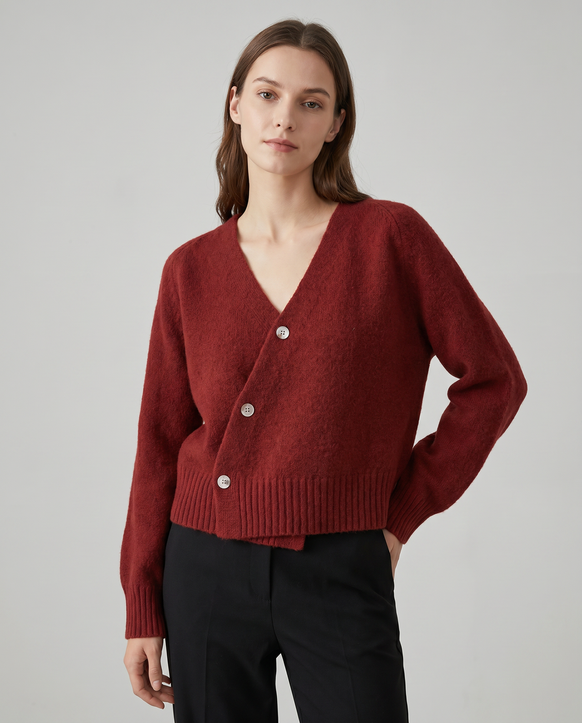 Women's Cross Button Cardigan V-Neck Long Sleeve Wool Blend Sweater