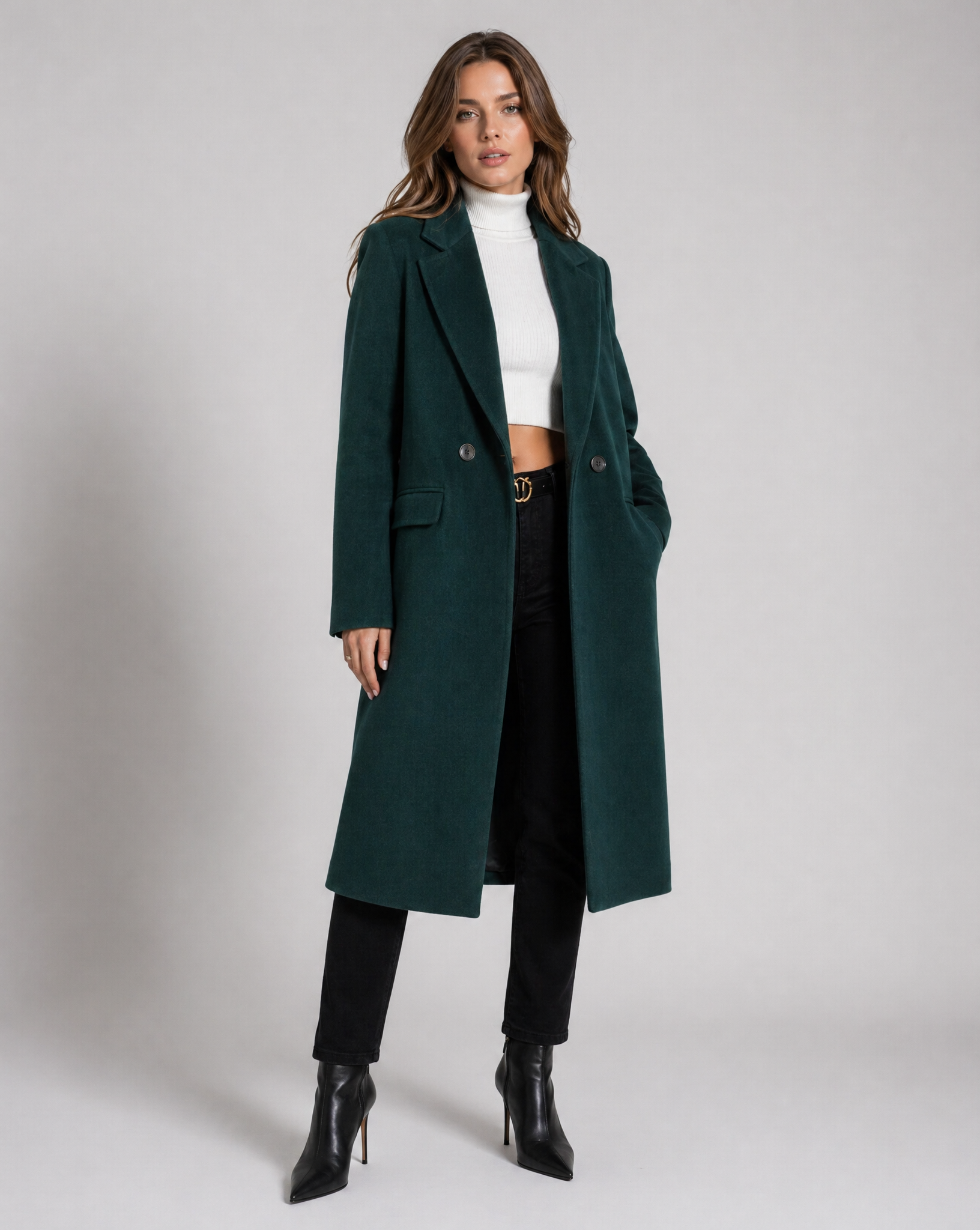 Women's Green Single-Breasted Longline Lapel Coat Double-Breasted Winter Overcoat