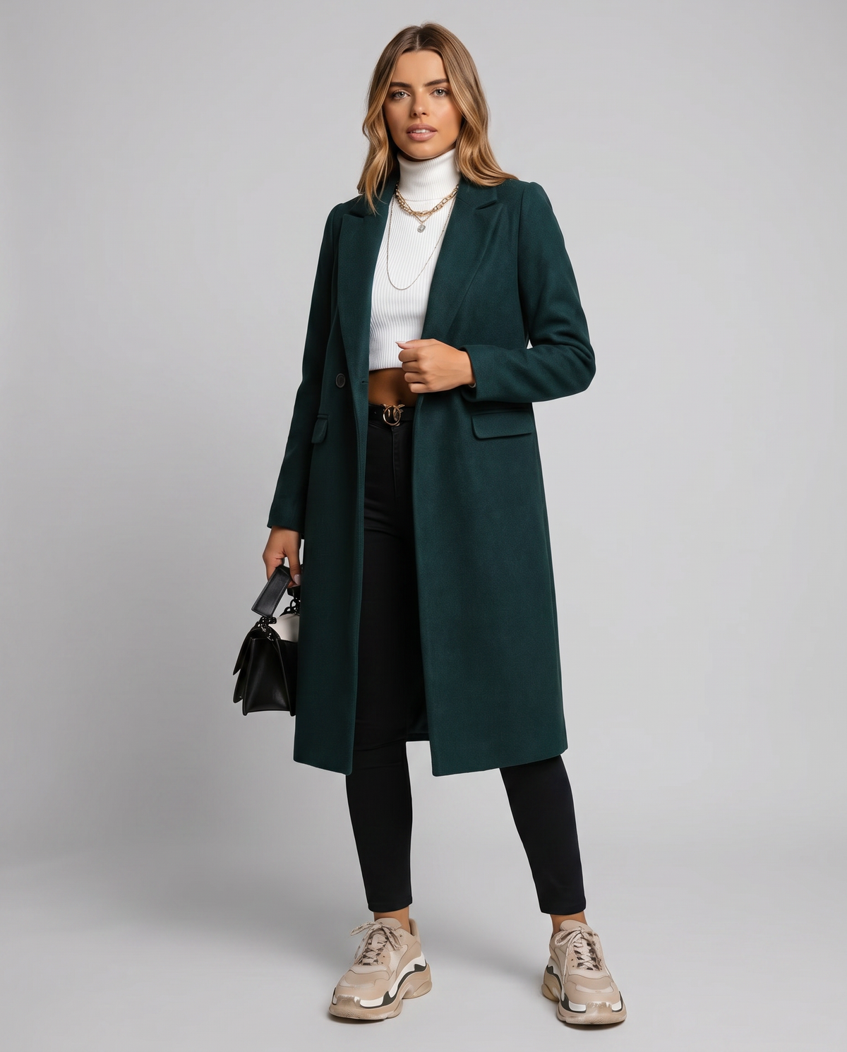 Women's Green Single-Breasted Longline Lapel Coat Double-Breasted Winter Overcoat