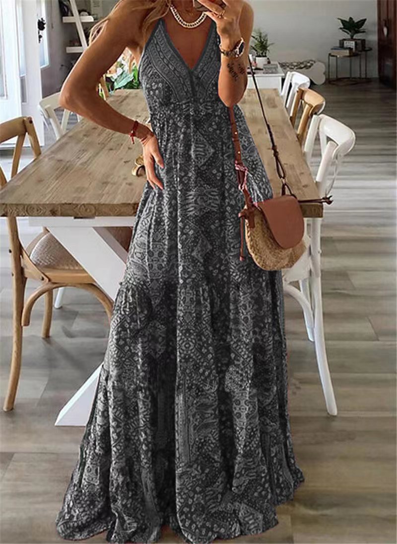 Women's Maxi Dress V-Neck Spaghetti Straps Flowy Draped Casual