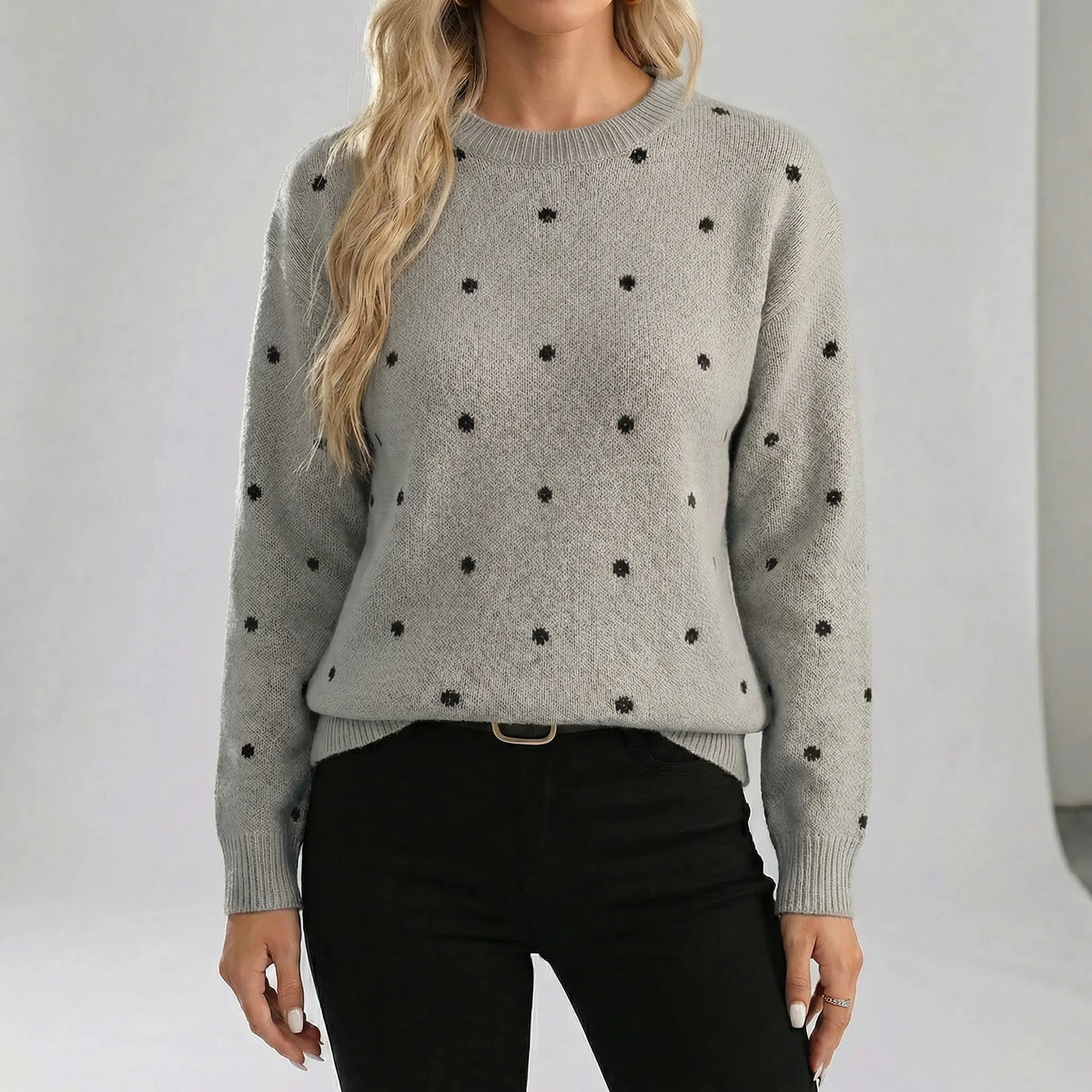 Women's Relaxed Fit Polka Dot Sweater Crewneck Long Sleeve Knit