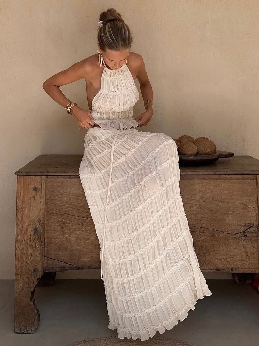Women's Ruffle Two-Piece Set Halter Neck Tiered Maxi Skirt Beach