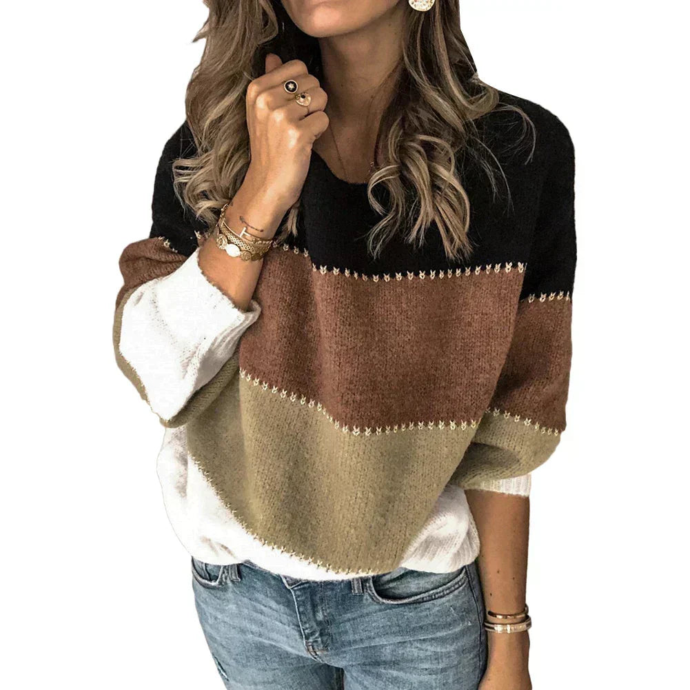 Women's Color Block Crew Neck Sweater Long Sleeve Whipstitch Trim Knit Pullover