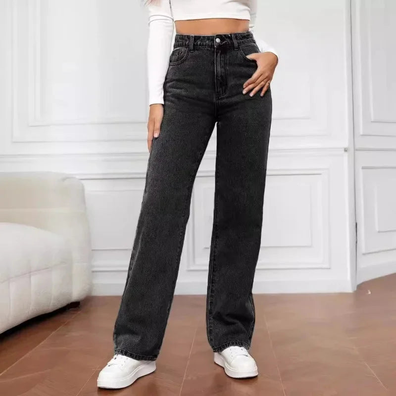 Women's High Waist Wide Leg Jeans Straight Five-Pocket Casual Denim Pants