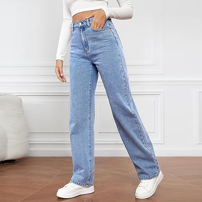 Women's High Waist Wide Leg Jeans Straight Five-Pocket Casual Denim Pants