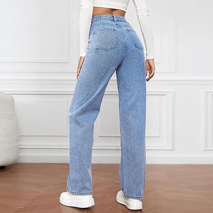 Women's High Waist Wide Leg Jeans Straight Five-Pocket Casual Denim Pants