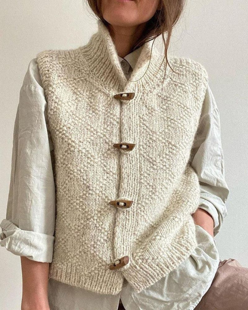 Women's Knit Sweater Vest Sleeveless High Neck Toggle Button Cardigan Casual