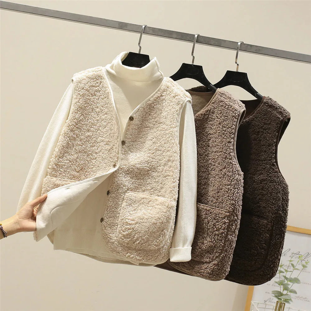Women's Faux Shearling Vest V-Neck Button-Front Sleeveless Cardigan with Pockets