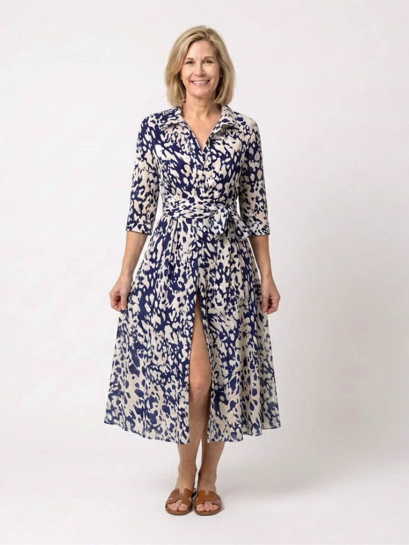 Women's Collared Midi Shirt Dress Long Sleeve Belted Abstract Print Slit Casual