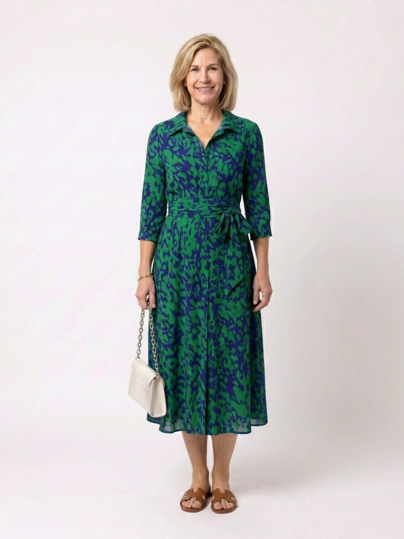 Women's Collared Midi Shirt Dress Long Sleeve Belted Abstract Print Slit Casual