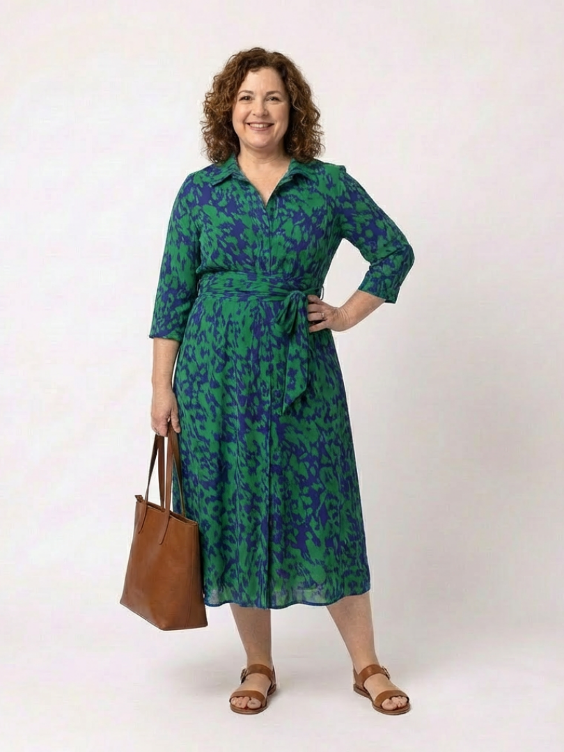Women's Collared Midi Shirt Dress Long Sleeve Belted Abstract Print Slit Casual