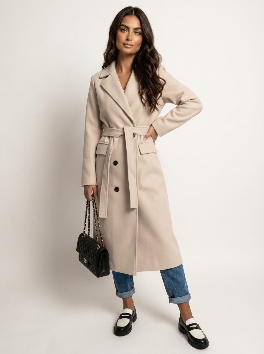Women's Longline Overcoat Belted Double-Breasted Lapel Winter Coat
