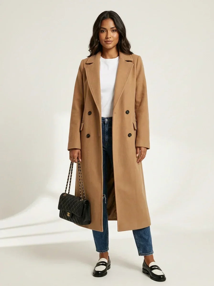 Women's Longline Overcoat Belted Double-Breasted Lapel Winter Coat