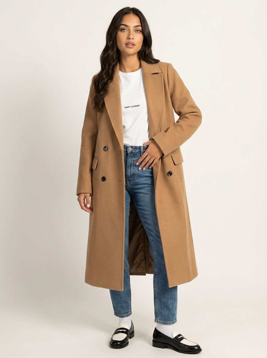 Women's Longline Overcoat Belted Double-Breasted Lapel Winter Coat