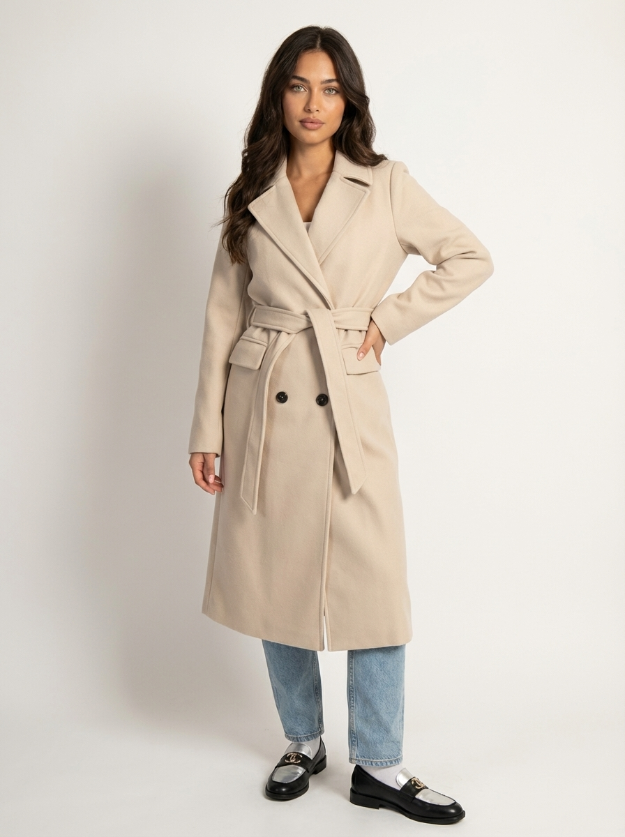 Women's Longline Overcoat Belted Double-Breasted Lapel Winter Coat