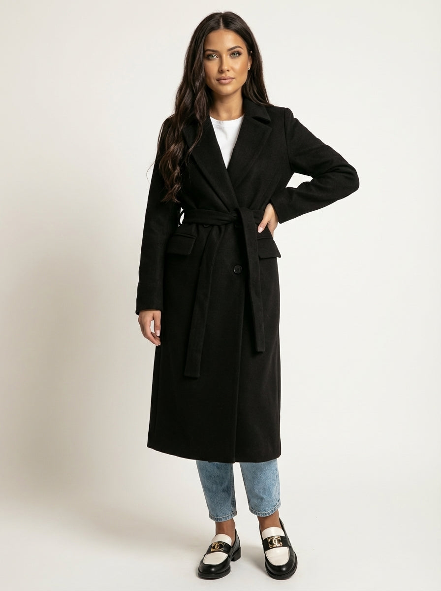 Women's Longline Overcoat Belted Double-Breasted Lapel Winter Coat