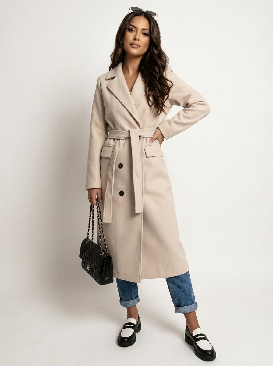 Women's Longline Overcoat Belted Double-Breasted Lapel Winter Coat