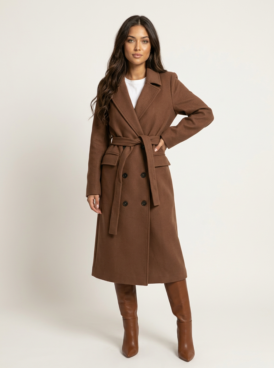 Women's Longline Overcoat Belted Double-Breasted Lapel Winter Coat