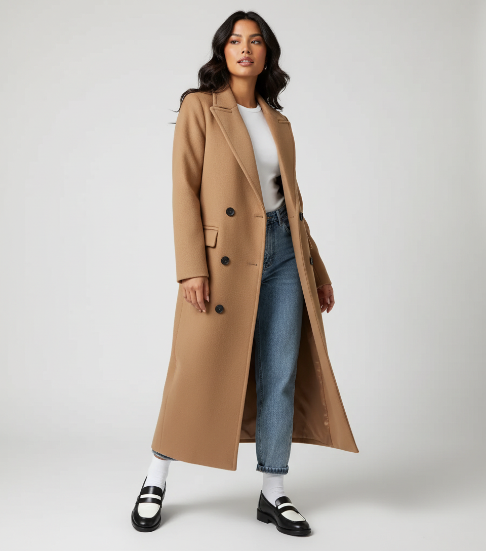 Women's Longline Overcoat Belted Double-Breasted Lapel Winter Coat