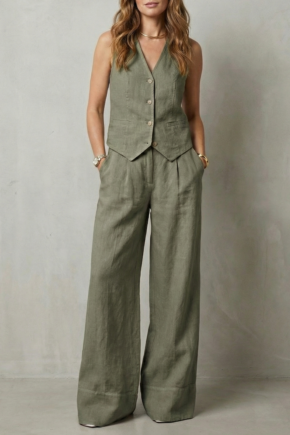 Women's Vest and Wide Leg Trouser Set V-Neck Button Front Tailored
