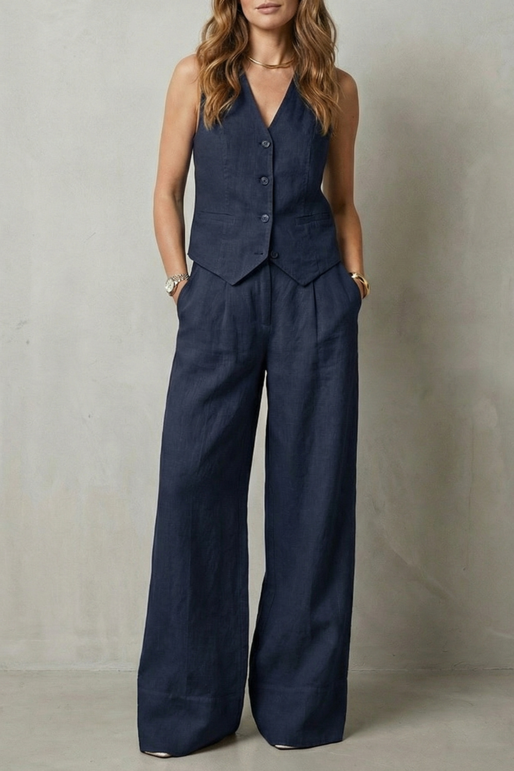 Women's Vest and Wide Leg Trouser Set V-Neck Button Front Tailored