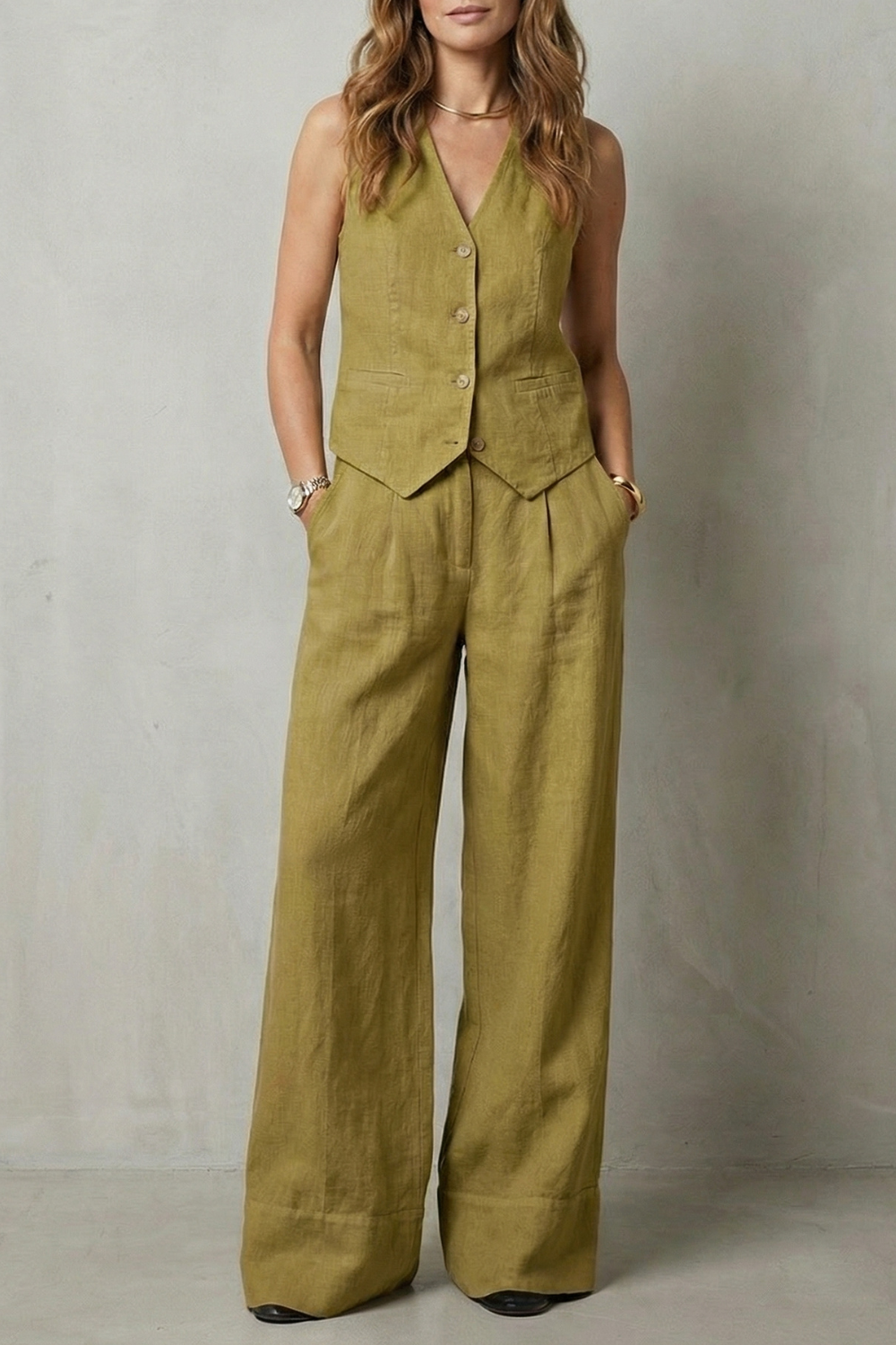 Women's Vest and Wide Leg Trouser Set V-Neck Button Front Tailored
