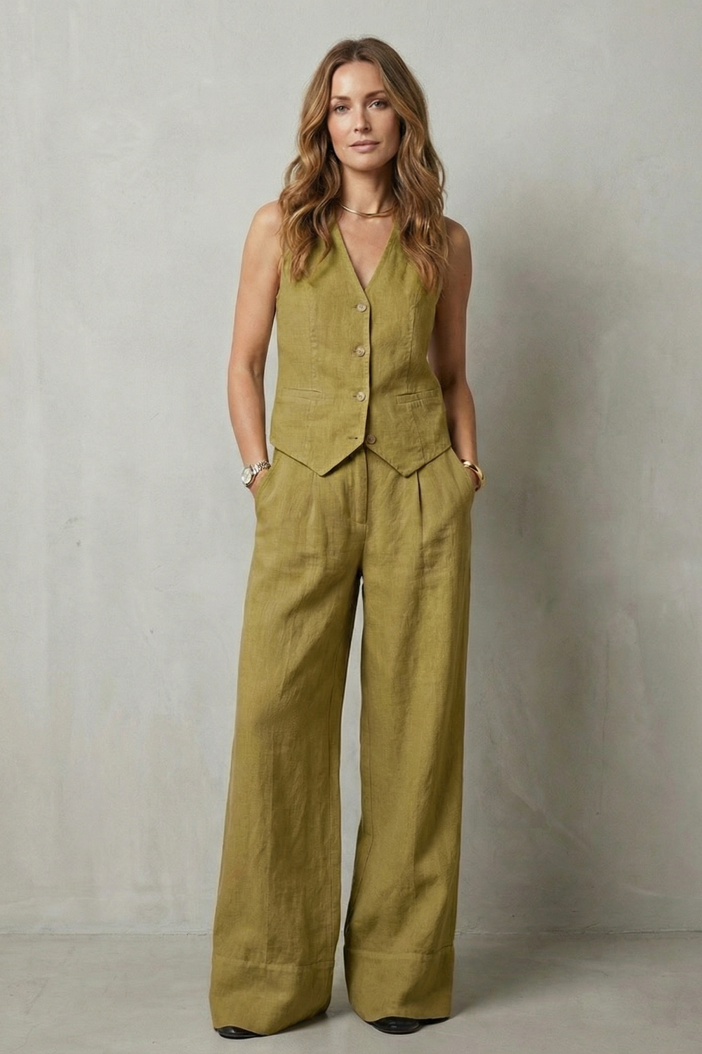 Women's Vest and Wide Leg Trouser Set V-Neck Button Front Tailored