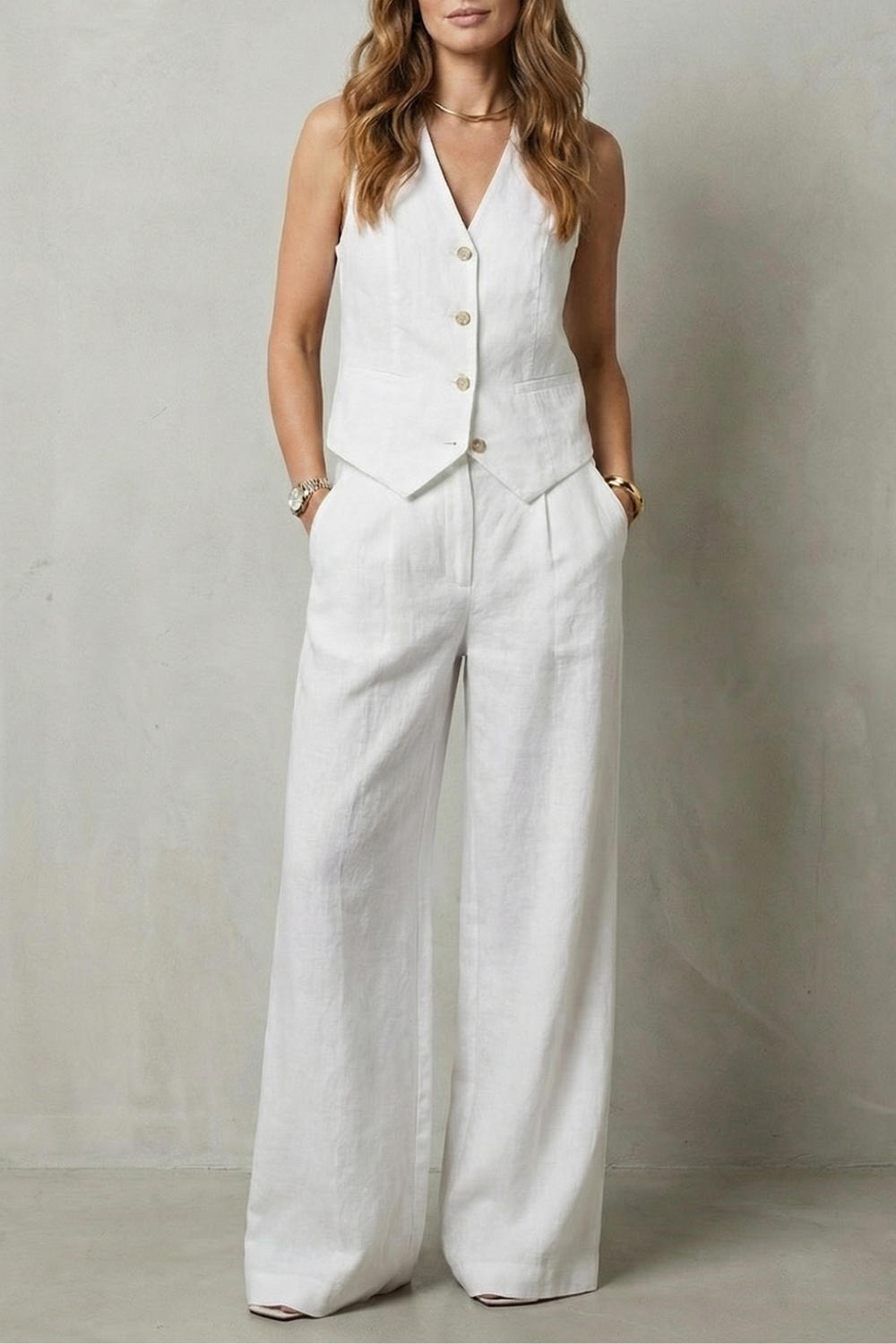 Women's Vest and Wide Leg Trouser Set V-Neck Button Front Tailored