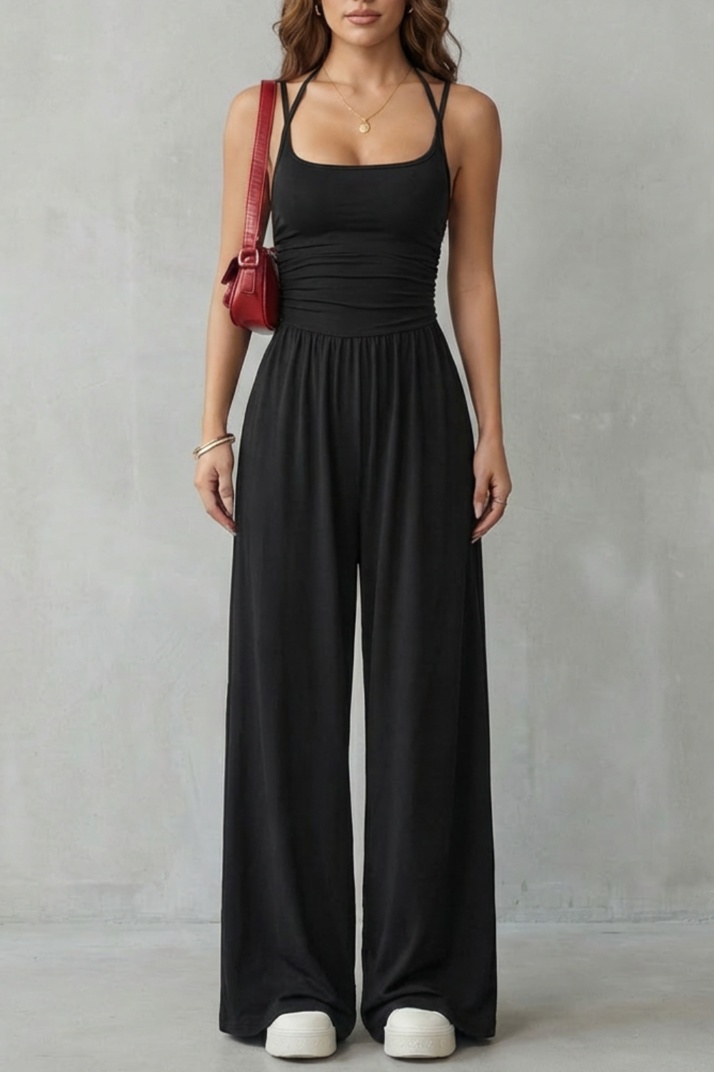 Women's Wide-Leg Jumpsuit Square Neck Double Strap Ruched Waist Sleeveless Casual