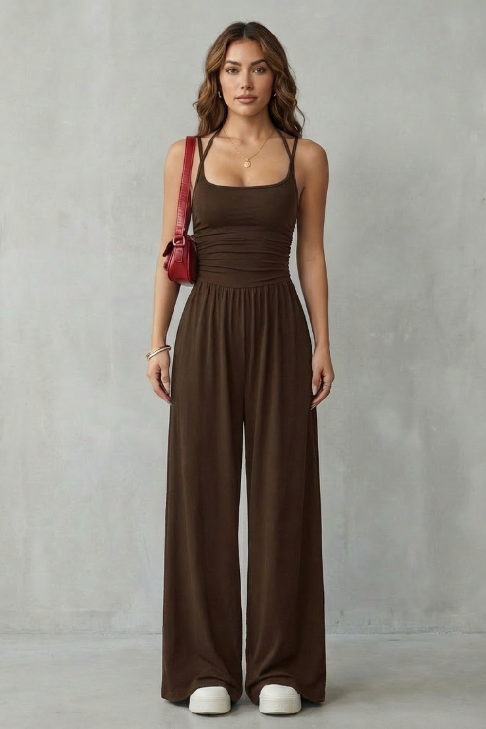 Women's Wide-Leg Jumpsuit Square Neck Double Strap Ruched Waist Sleeveless Casual