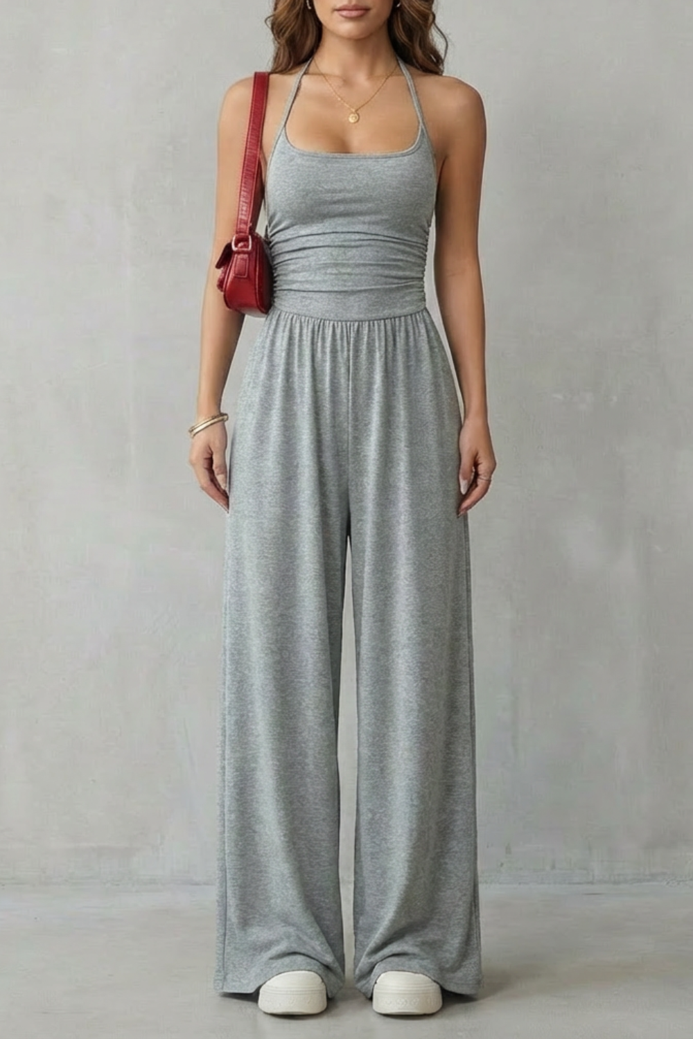 Women's Wide-Leg Jumpsuit Square Neck Double Strap Ruched Waist Sleeveless Casual