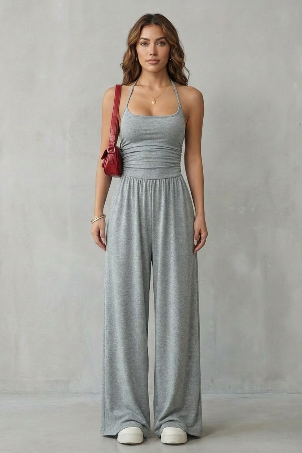 Women's Wide-Leg Jumpsuit Square Neck Double Strap Ruched Waist Sleeveless Casual